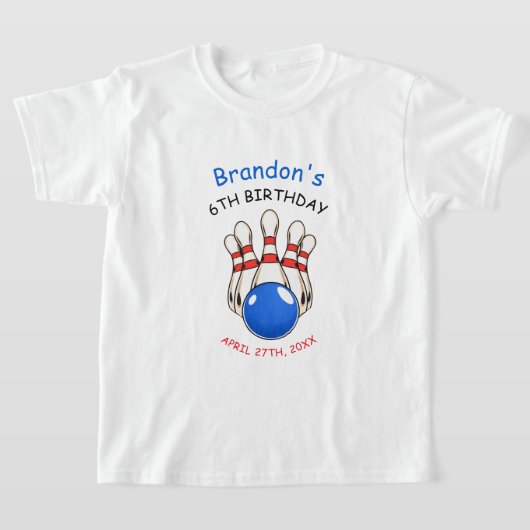 Speelse rode en blauwe bowling thema 6e verjaardag t-shirt (Laagn)