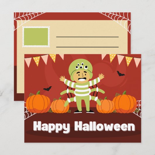 Speelse rode en Oranje Happy Halloween Feestdagenkaart (Voorkant / Achterkant)