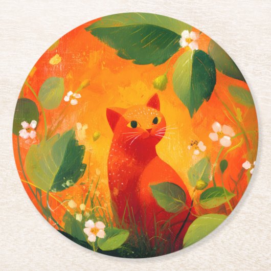 Speelse rode kat wilde bloementuin ronde kartonnen onderzetter (Voorkant)
