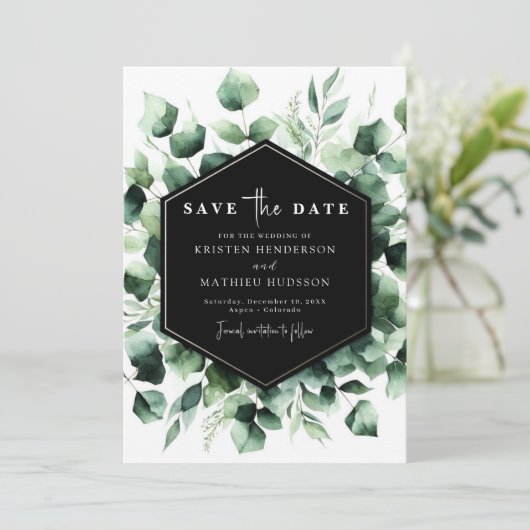 Speelse Romance Eucalyptus digitale bruiloft Save The Date (Staand voorkant)