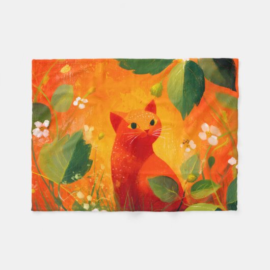 Speelse Rood Kat Wilde Bloementuin Fleece Deken (Voorkant (Horizontaal))