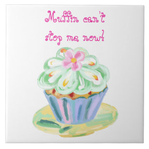 Speelse Roze en Groene Cupcake Kunst Tegeltje