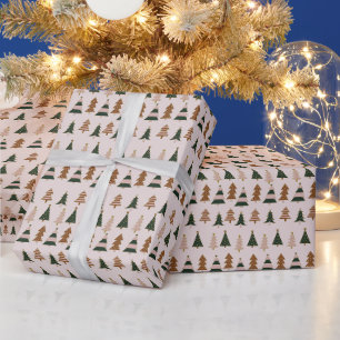 Speelse roze en groene kerstboomstreep cadeaupapier