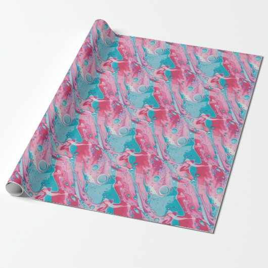Speelse Roze en Turquoise Vloeibare Abstracte Patr Cadeaupapier (Uitgerold)