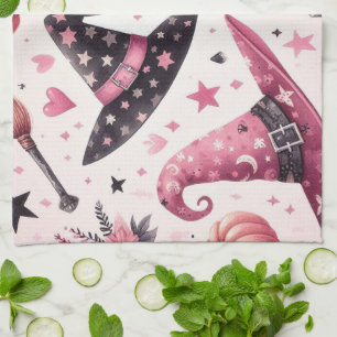 Speelse roze en zwarte heksen Petten Theedoek