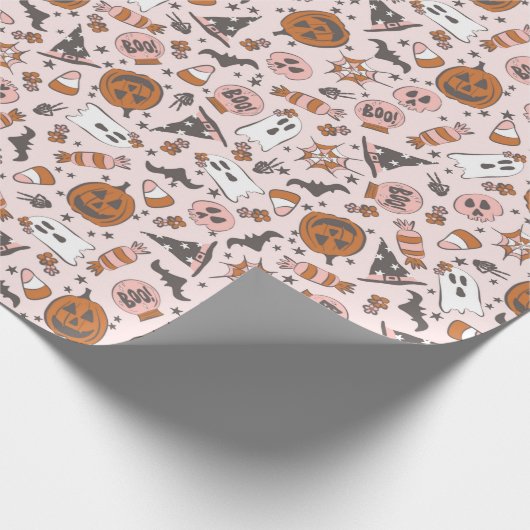 Speelse Roze Halloween Ghosts Pumpkins Patroon Cadeaupapier (Hoek)