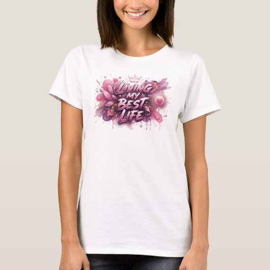 Speelse Roze LEVEN OP MIJN BEST Statement T-shirt (Voorkant)