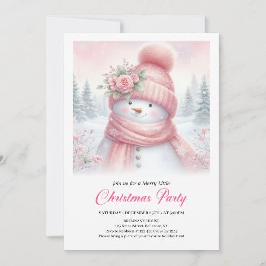 Speelse Roze Sneeuwman Digitale Kerst Uitnodiging (Voorkant)