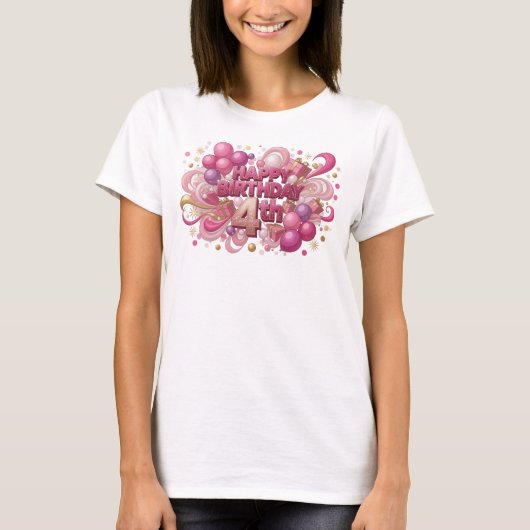 Speelse Roze VERJAARDAG 4DE T-shirt (Voorkant)