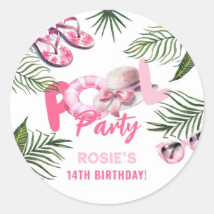 Speelse Roze Zwembad Feest Meisje Verjaardag  Ronde Sticker