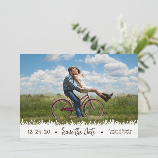 Speelse rustieke gebladerte Border Foto Sla de dat Save The Date (Staand voorkant)