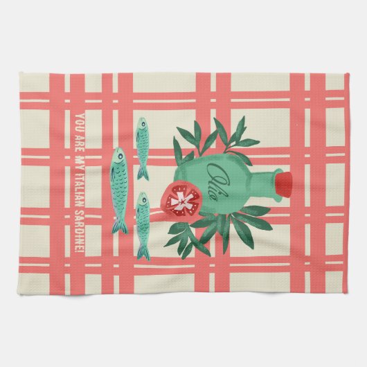 Speelse Sardines Olijfolie Koraal Keuken Design Theedoek (Horizontaal)