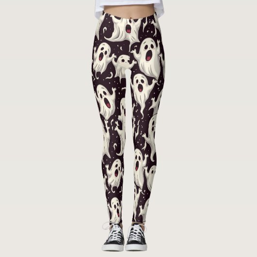 Speelse Scary Ghost Pattern voor Halloween Night Leggings (Voorkant)