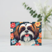 Speelse Shih Tzu en Bloemen veld Briefkaart (Staand voorkant)