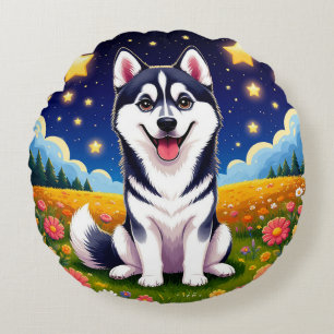 Speelse Siberische Husky Rond Kussen