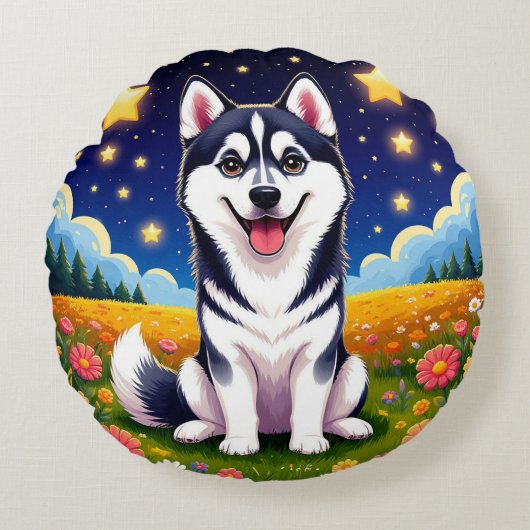 Speelse Siberische Husky Rond Kussen (Voorkant)