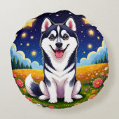 Speelse Siberische Husky Rond Kussen (Achterkant)
