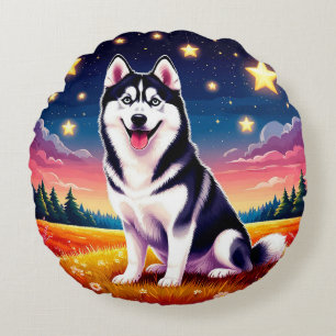 Speelse Siberische Husky Rond Kussen