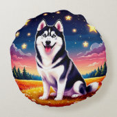 Speelse Siberische Husky Rond Kussen (Achterkant)