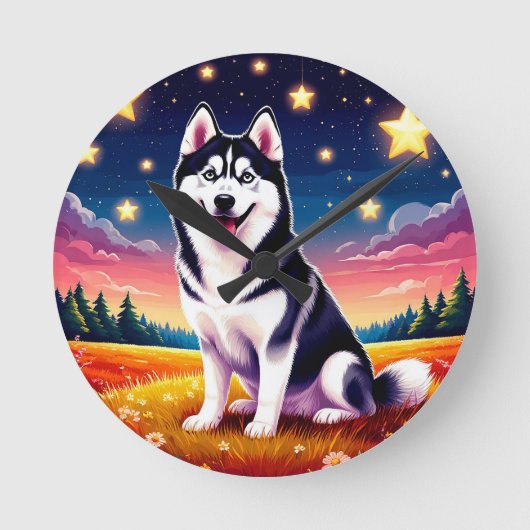 Speelse Siberische Husky Ronde Klok (Voorkant)