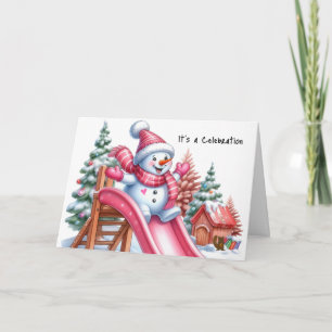 Speelse Sneeuwman op de speelplaats Pink Feestdagen Kaart