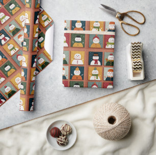Speelse Sneeuwman Raster op Besneeuwde Textuur Cadeaupapier