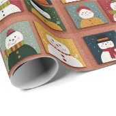 Speelse Sneeuwman Raster op Besneeuwde Textuur Cadeaupapier (Rol Hoek)