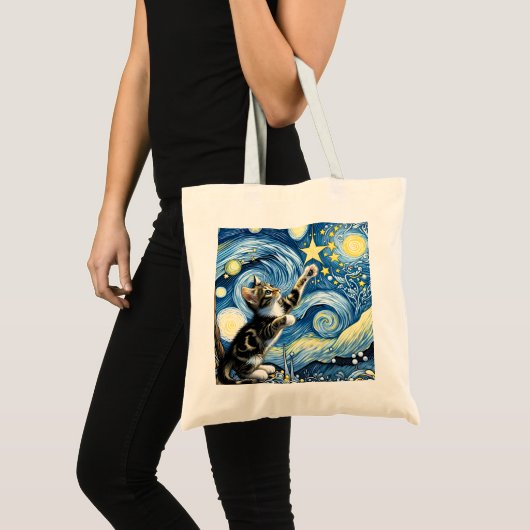 Speelse Sterrennacht Kitten Blauw Tote Bag (Voorkant (product))