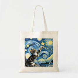 Speelse Sterrennacht Kitten Blauw Tote Bag