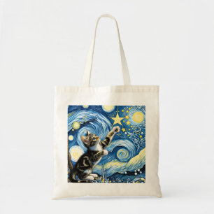 Speelse Sterrennacht Kitten Blauw Tote Bag