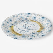 Speelse stoffige blauw waterverf bloemen gouden jo papieren bordje (Gekanteld)