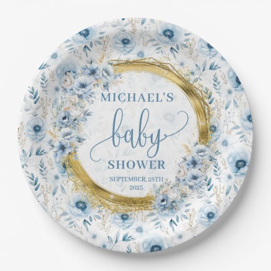 Speelse stoffige blauw waterverf bloemen gouden jo papieren bordje (Voorkant)