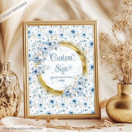 Speelse stoffige blauwe bloemen gouden jongen baby poster