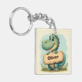 Speelse T-Rex met stenen naam bord Sleutelhanger (Voorkant Links)
