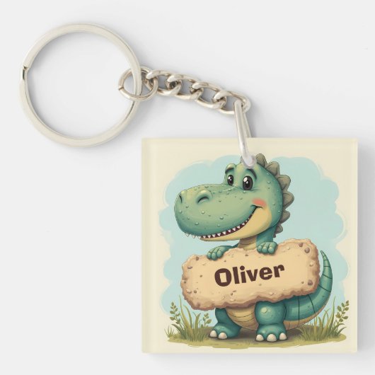 Speelse T-Rex met stenen naam bord Sleutelhanger (Voorkant)