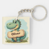 Speelse T-Rex met stenen naam bord Sleutelhanger (Achterkant)