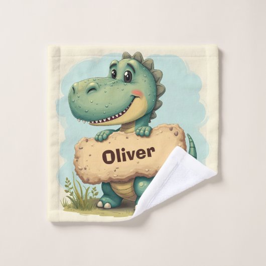 Speelse T-Rex met Stenen Naambord Washandje (Wasdoekje)
