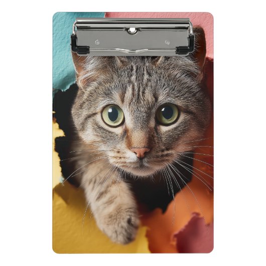 Speelse Tabbykat die door Gescheurd Papier gluurt Mini Klembord (Voorkant)