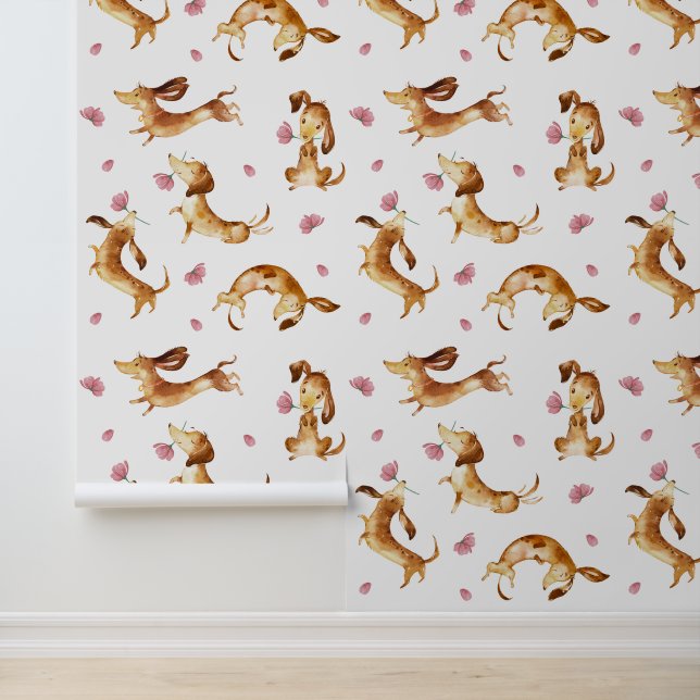 Speelse teckel Puppy Honden Roze Bloemen Behang (Applicatie)