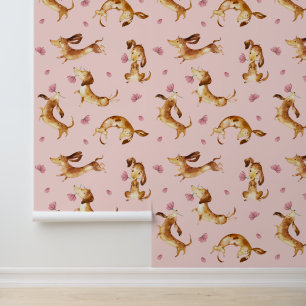 Speelse teckel Puppy Honden Roze Koraal Bloemen Behang