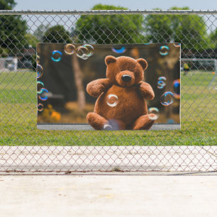 Speelse teddybeer en bubbels Buitenspelletjes Spandoek