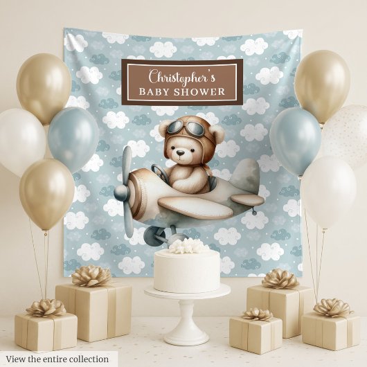 Speelse teddybeer piloot baby shower achtergrond wandkleed
