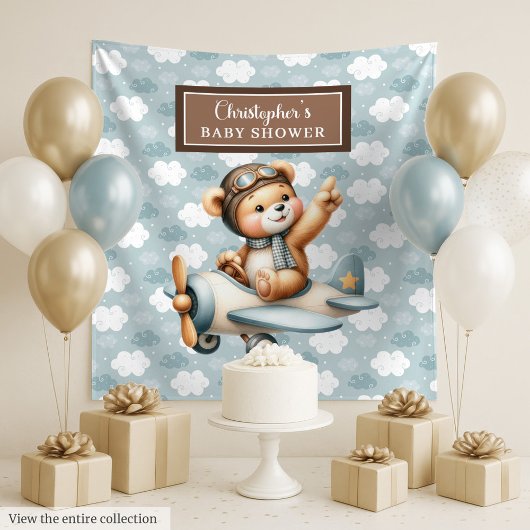 Speelse teddybeer piloot babyshower foto prop wandkleed