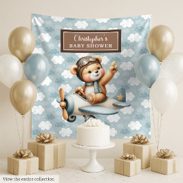 Speelse teddybeer piloot babyshower fotorekwisiet wandkleed