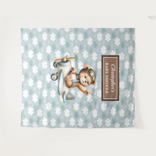 Speelse teddybeer piloot babyshower fotorekwisiet wandkleed (Voorkant (horizontaal))
