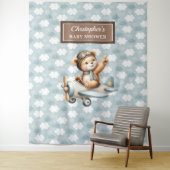 Speelse teddybeer piloot babyshower fotorekwisiet wandkleed (In situ)
