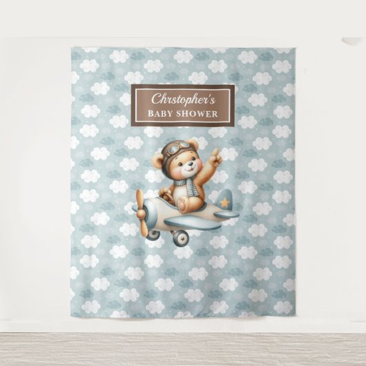 Speelse teddybeer piloot babyshower fotorekwisiet wandkleed (Voorkant)