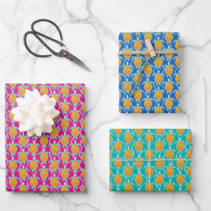 Speelse Tropische Zee Schildpad Roze Blauw en Groe Inpakpapier Vel
