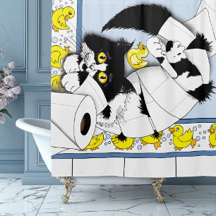 Speelse Tuxedo Kat Toiletpapier Chaos Blauw Geel Douchegordijn