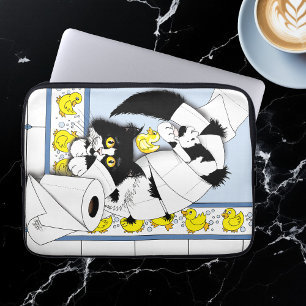 Speelse Tuxedo Kat Toiletpapier Chaos Blauw Geel Laptop Sleeve